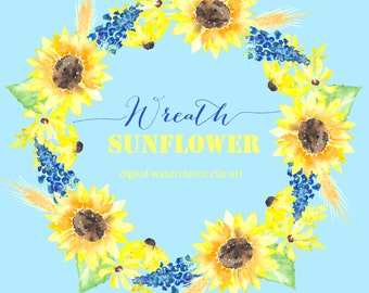 Sunflower Digital Watercolor clip art hand drawn. Wreath Tournesol. Romantic wedding, bright, jaune flowers, invitations, watercolour flower