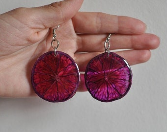 Chunky purple real lemon slices earrings, funky purple green earrings, colourful fruit earrings