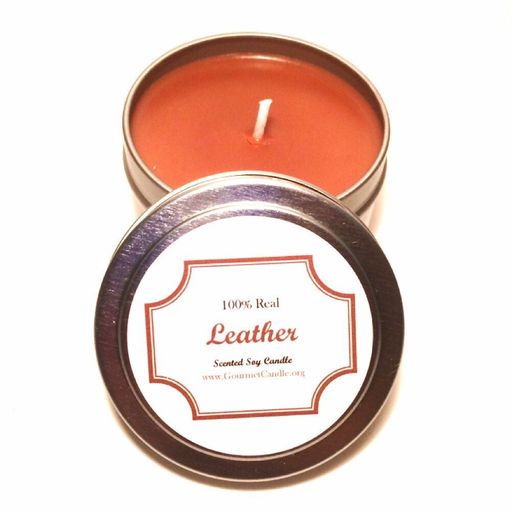 4 oz Leather scented soy candle/ Man Cave Decor/ by GourmetCandle