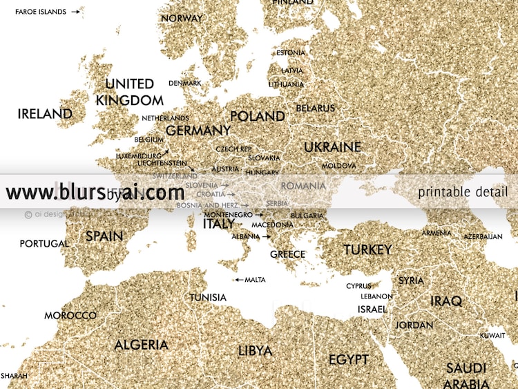 40x30 PRINTABLE world map gold glitter world map by