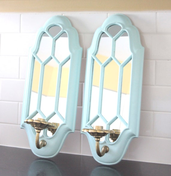 Vintage Candle Wall Sconces Metal Painted Tiffany Blue
