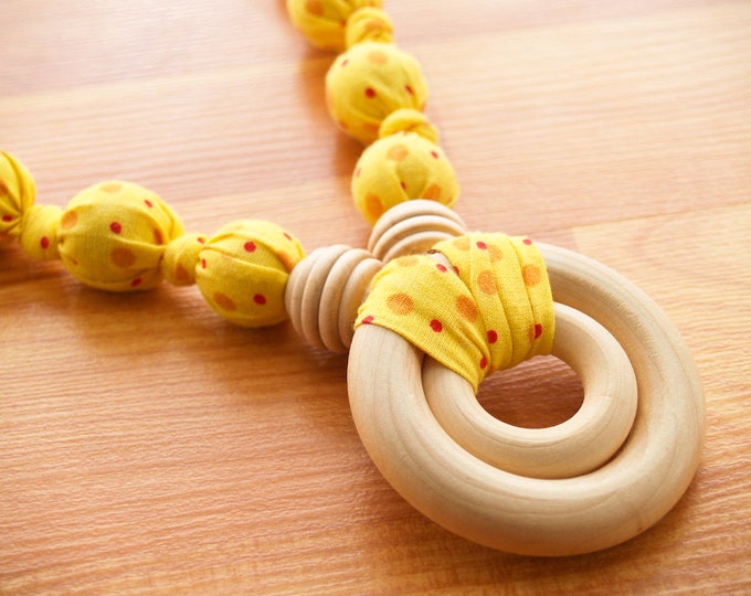 Breastfeeding Nursing Necklace, Teething Necklace, Babywearing Necklace, Fabric Necklace - Double Ring - Yellow Polka Dot