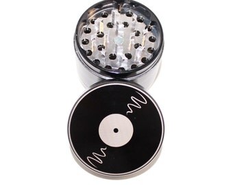Retro Vinyl Record Laser Etched Metal Herb Grinder - 4 piece herb grinder w/ FREE microfiber carrying pouch - weed grinder