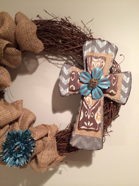Grapevine wreath with cross and flowers by ModernDesign14 on Etsy