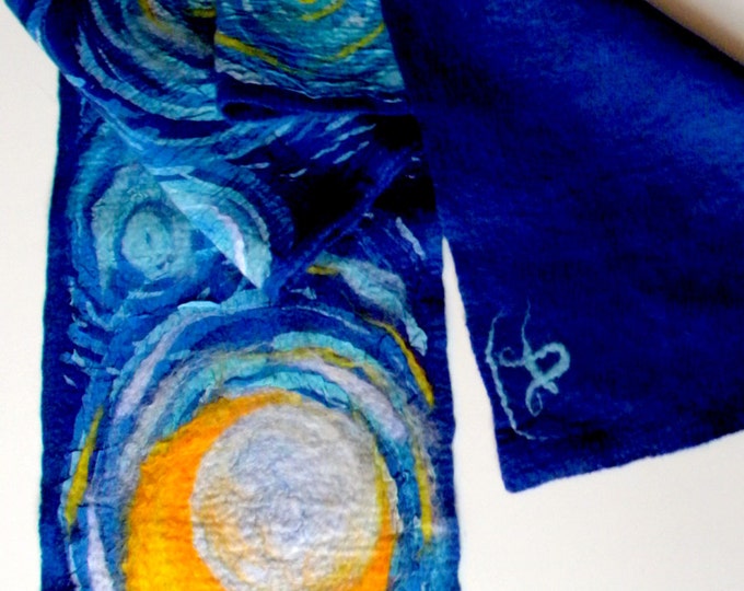 Wool scarf Starry night Van Gogh inspiration hand painted scarf Blue winter scarf Artist gift Nunofelted shawl Impressionism Art to wear
