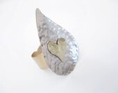 Handmade Mixed Metal Ring-Silver-Bronze Ring-Handhammered Tear Drop Heart Ring-Contemporary Metalwork-Riveted Gold Bronze Ring-Bridal Ring