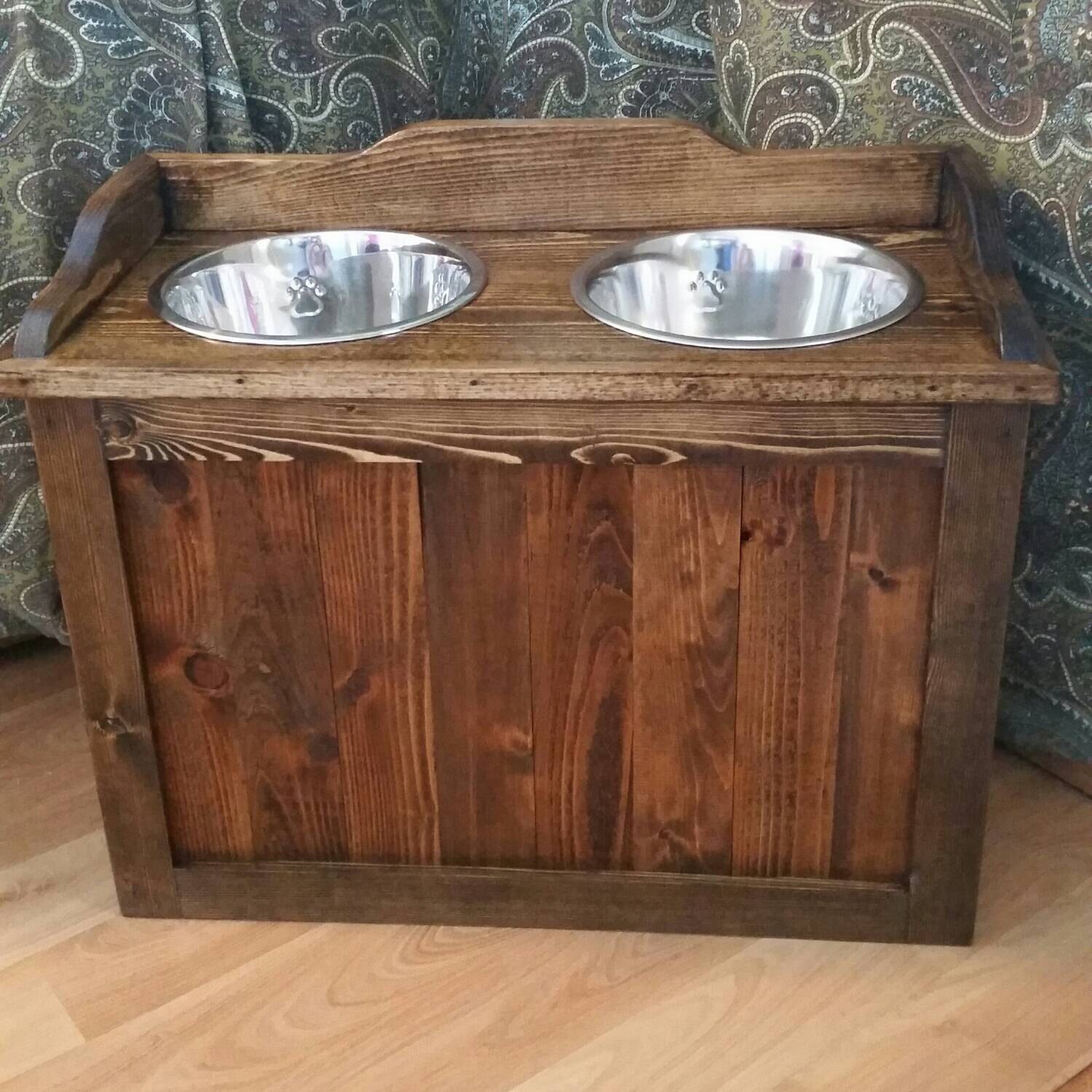 Raised rustic dog feeder with storage elevated dog feeder