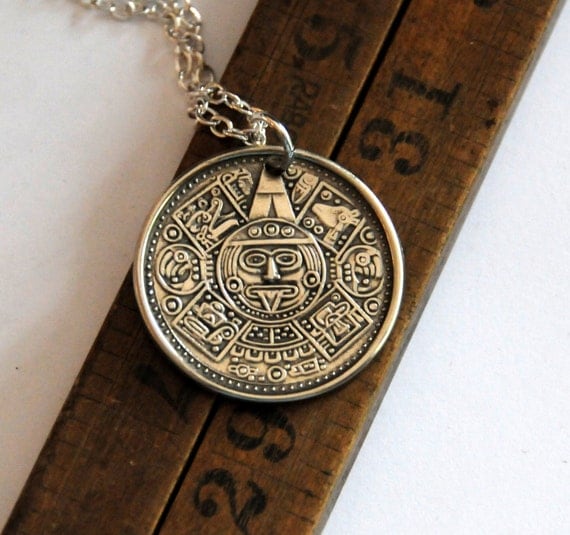 Aztec Necklace Mayan Calendar Silver Plate Necklace