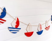 Sailboat garland   Set of 7   Nautical   Wooden   Patriotic decor   Red Blue White   Party decor   Nursery decoration  Coastal