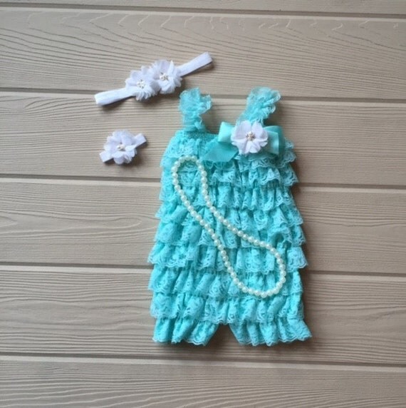 Lace baby romper set. Aqua lace romper. Baby girl 1st birthday
