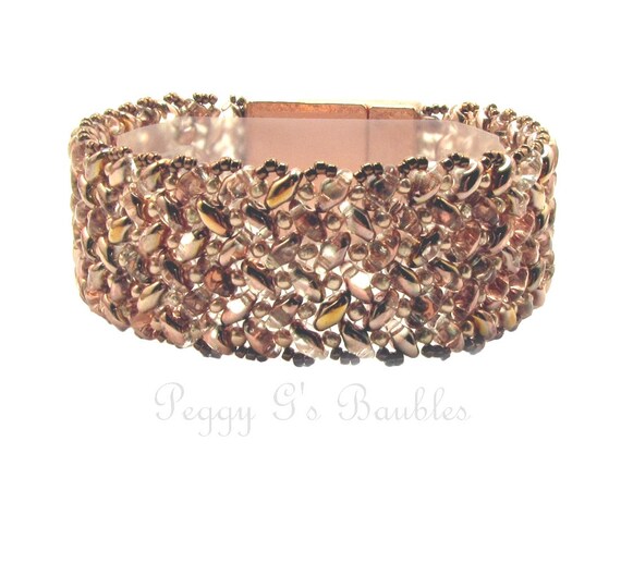 Bracelet Herringbone with  herringbone Beaded rose Superduo Scalloped bracelet Rose   Gold gold