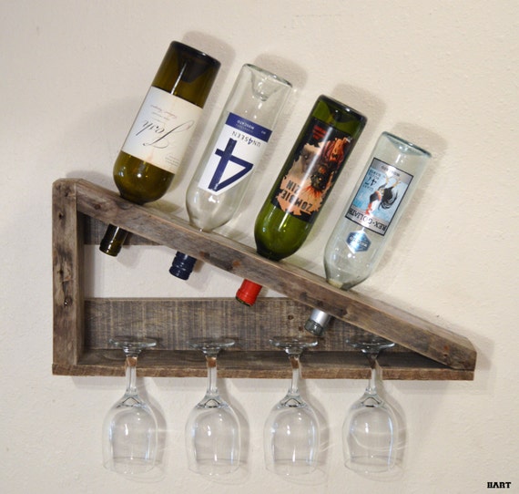 Four Bottle Four Glass Right Angled Wall Mounted WIne Rack