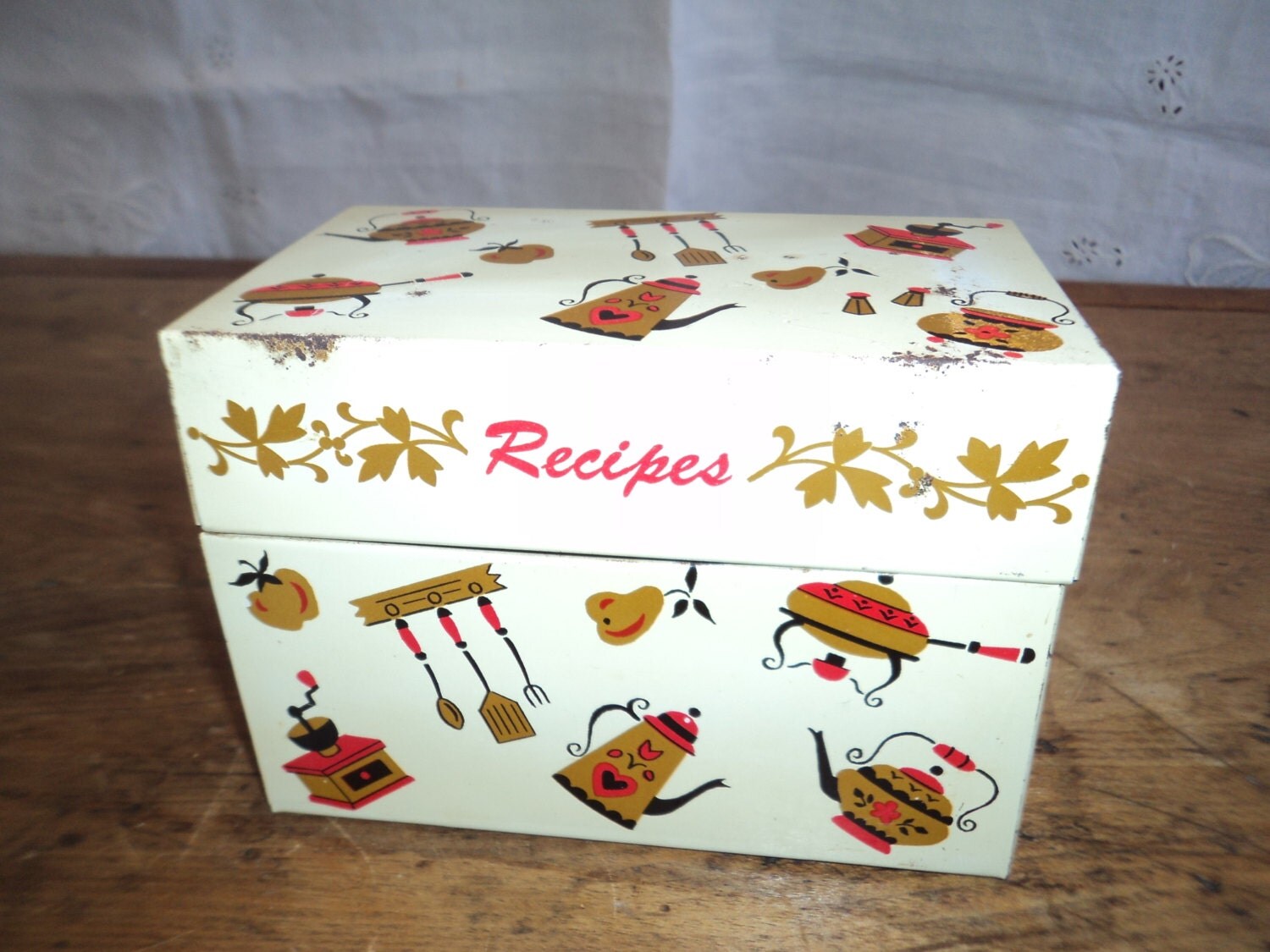 Reserved for Kayla.Vintage Tin RECIPE BOX. Cool Graphics.