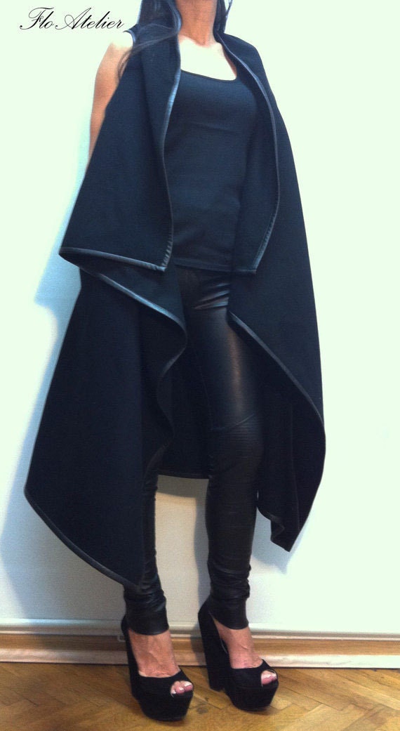 High Collar Coat/Asymmetrical Vest with Pockets/Wool by FloAtelier