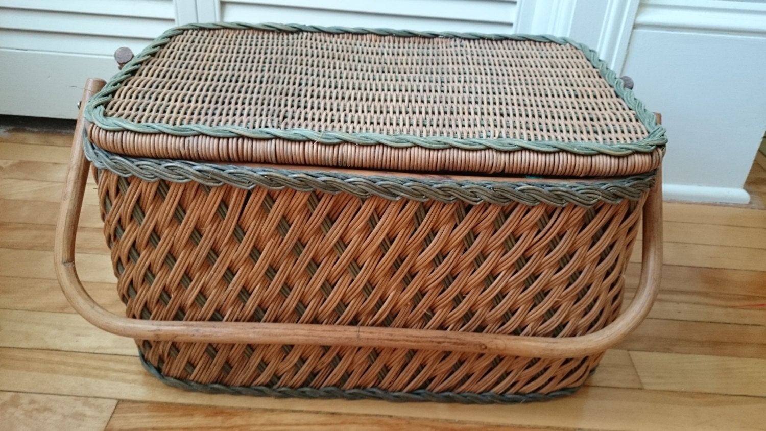 Antique Wood Picnic Basket by on Etsy