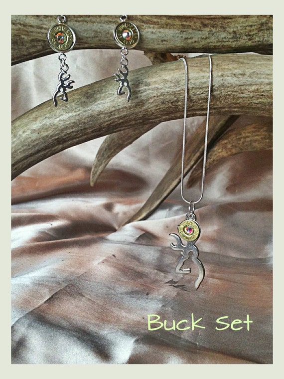 Buck necklace and earrings set you choose stone color! Made with bullet shell heads