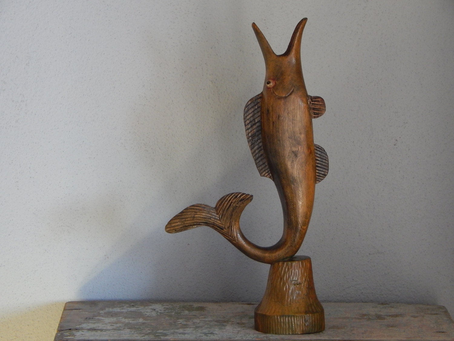 Vintage Big Fish Sculpture Hand Carved Fish Figurine Wood Sea Side Home ...