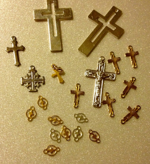 Small metal crosses gold & silver links pendants by LadybugSparkle