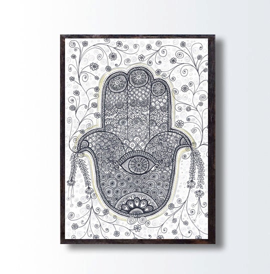 Original Paisley Art Black White Drawing Hamsa Hand by DHANAdesign