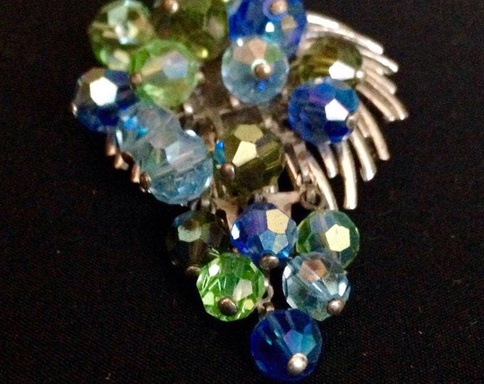 Storewide 25% Off SALE Vintage Silver Tone Parklane Signed Designer Brooch Featuring Iridescent Blue & Green Marquee Rhinestone