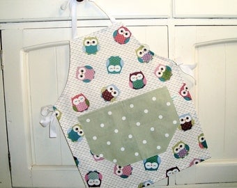Child's Sage Owls Apron, Child's Full Apron, Adjustable Child's Apron, Owls Child's Apron