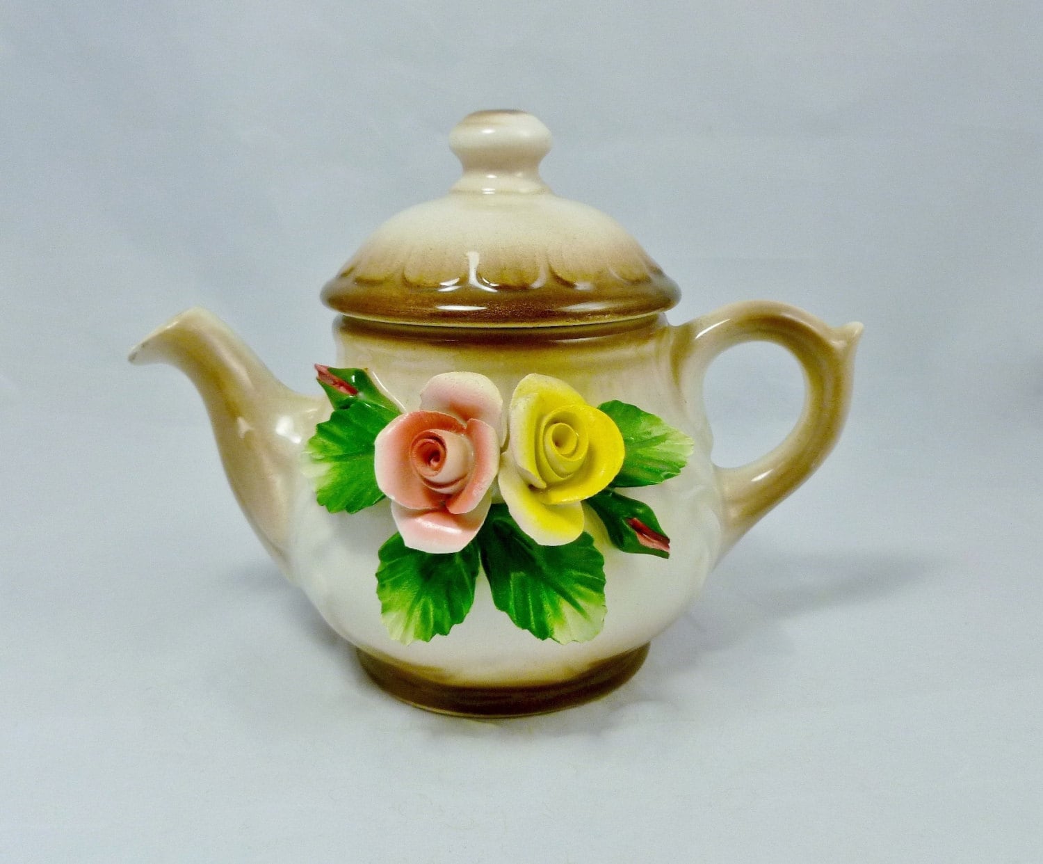 Vintage Nuova Capodimonte Yellow Pink Roses Teapot Made in Italy