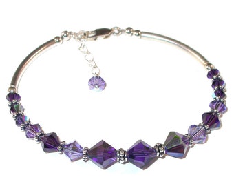 PURPLE 2-tone Tanzanite Crystal Bracelet Sterling Silver Swarovski Elements