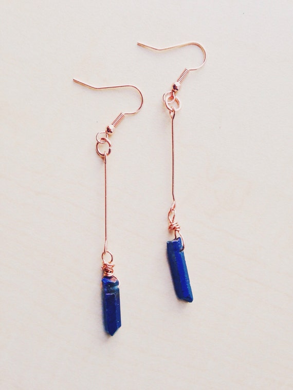 Bronze Dangle Blue/Purple Glimmer Aura Quartz Earrings