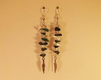 Crystal & Malachite Earrings, Quartz Crystal Chips, Malachite Chips, Pewter Feathers, Metaphysical, Handmade Jewelry