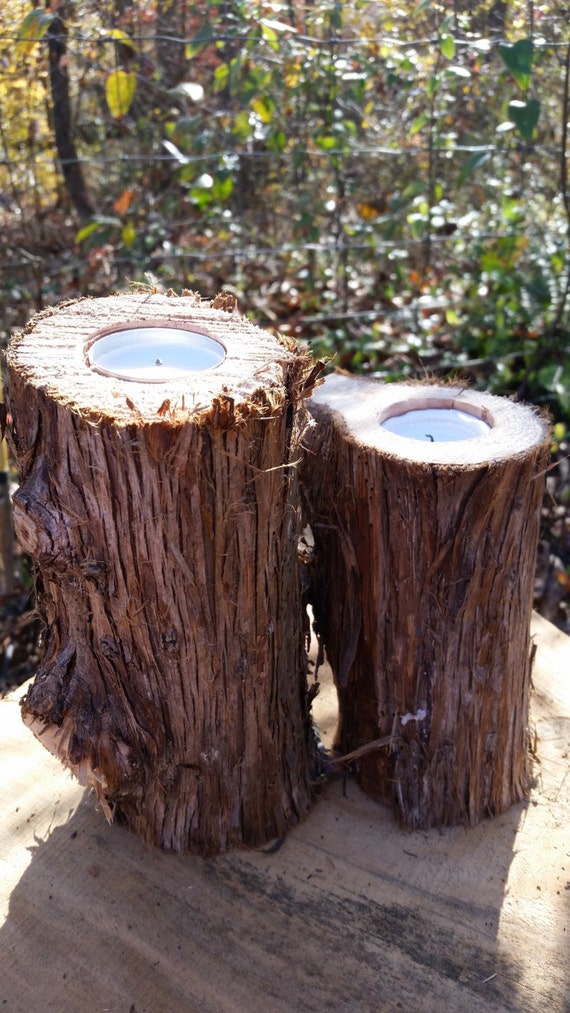 Aromatic Eastern Red Cedar Log Tea Light Candle Holder set of 2 Rustic Wedding, Home, or Fall Decor Centerpiece