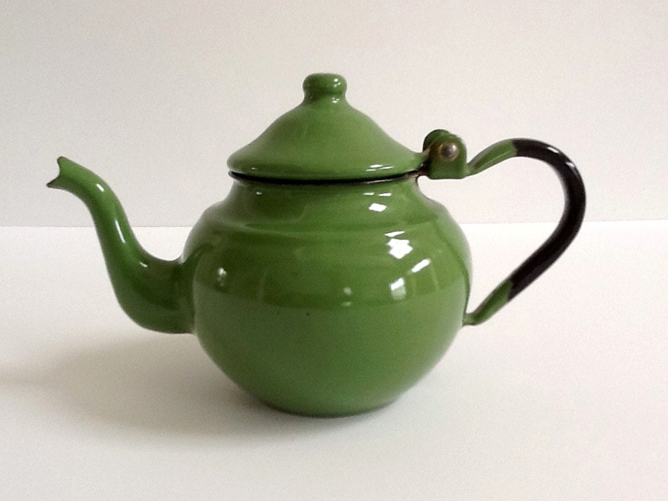 Green Enamelware Teapot Green & Black Handle Small by GentlyKept