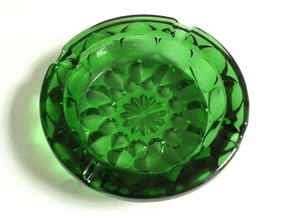 Vintage Emerald Green Ashtray Pressed Glass Cigar Ashtray