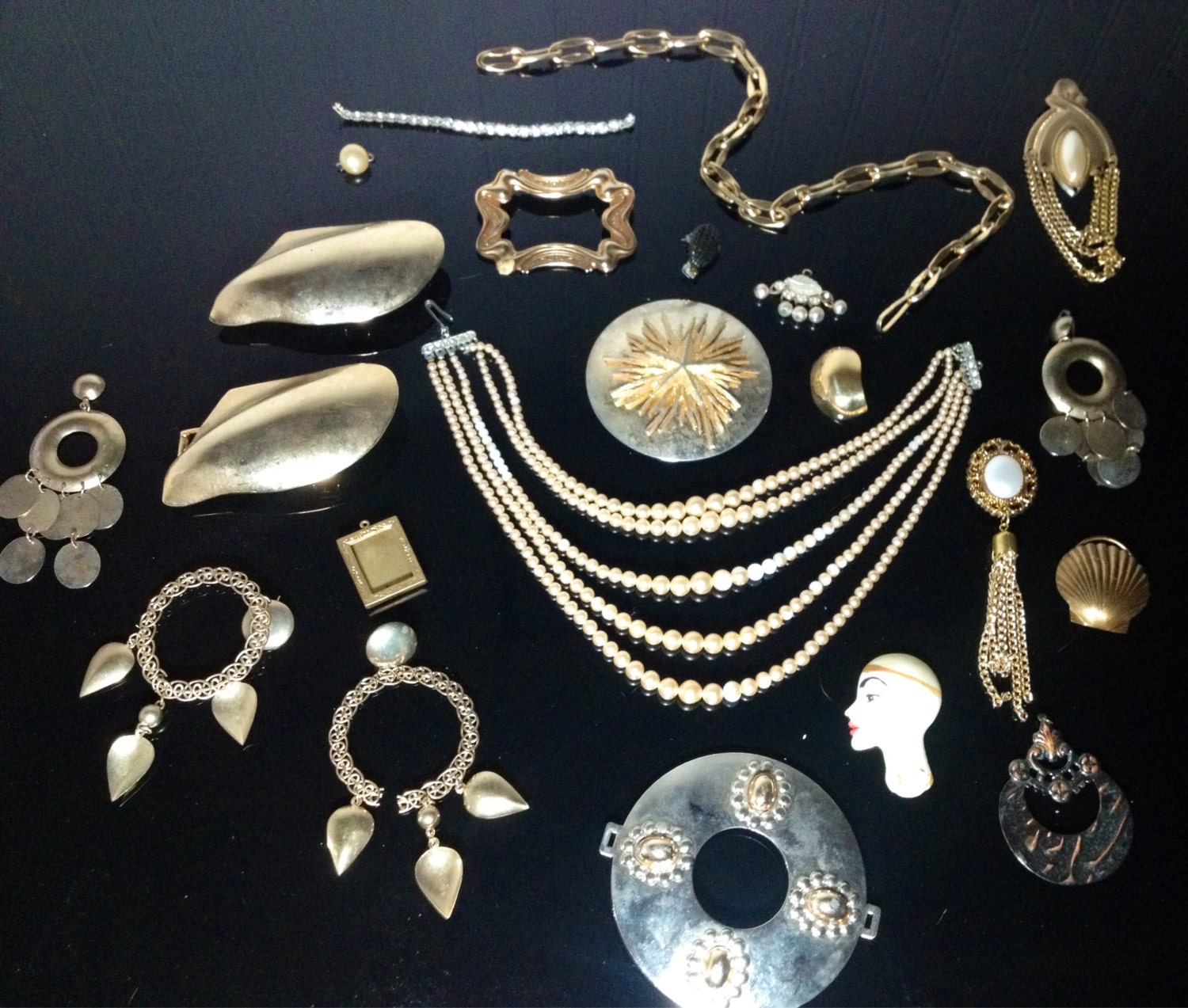 Vintage mixed jewelry lot gold tone necklaces buckles parts