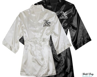 Personalized Mr. & Mrs. Satin Robe Set, monogrammed bride and groom robes, couples wedding robes, matching satin robes, engagement gift idea