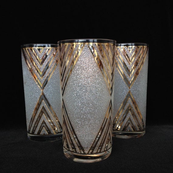 3 tall drinking glasses gold etched textured glass hollywood