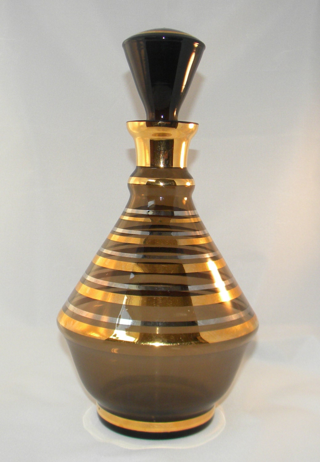 Decanter, Vintage Smoky/Frosted Glass Decanter with Gold and Silver