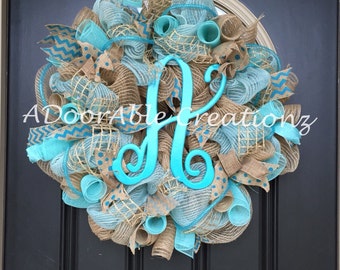 Turquoise Monogram Mesh Wreath, Personalized Summer Wreath, Nautical Wreath,Deco Mesh Wreath, Turquoise Wreath, Aqua Wreath,Intitial Wreath