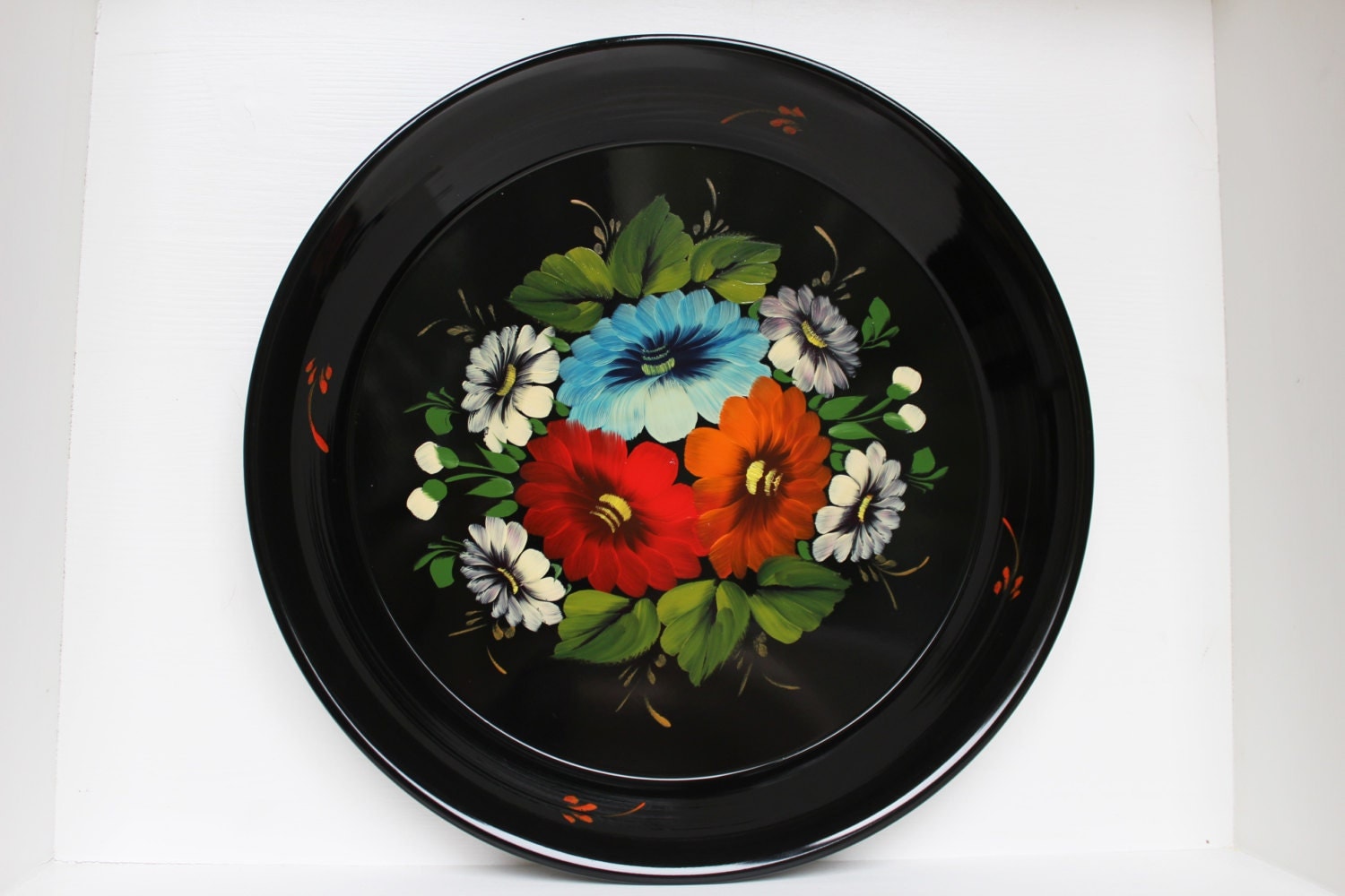 Big Soviet Floral Metal Tray, Vintage Hand Painted Folk Art Flowers