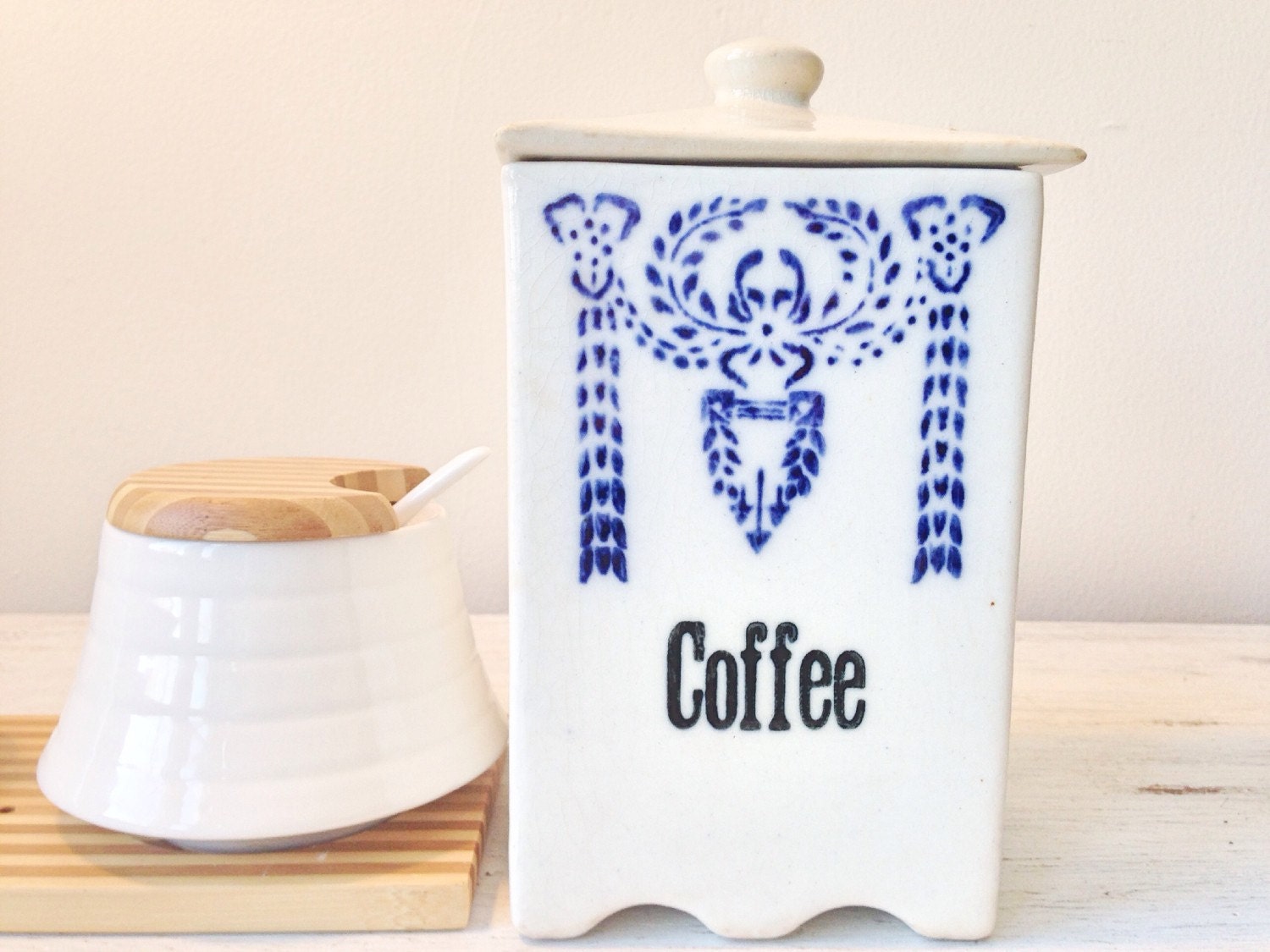 Vintage Coffee Canister / White and Blue Ceramic Canister