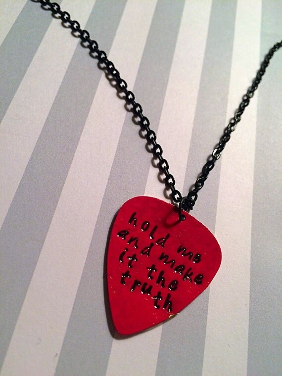 Items similar to Red Hand Stamped Guitar Pick Necklace on Etsy
