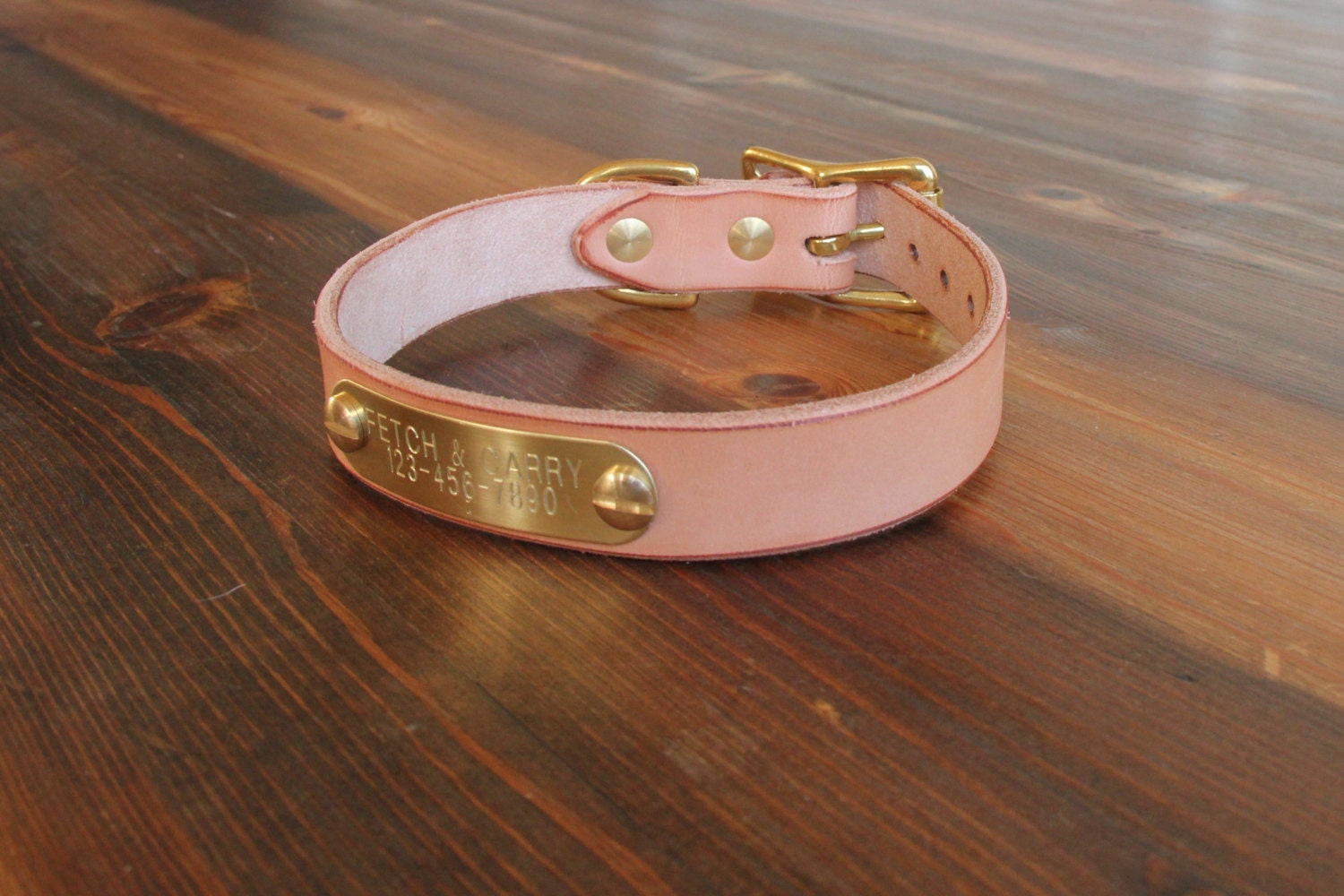 Classic Leather Dog collar with brass nameplate by FetchAndCarry