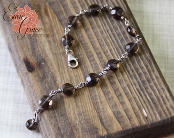 READY TO SHIP - Smokey Quartz Gemstone Bracelet, Sterling Silver and Faceted Stones, Brown