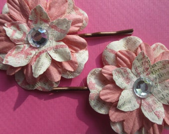 Pink flower bobby pins-Kids hair pins-book print hair clips-Storybook hair pins-little girls hair clip-flower girl-Wedding accessories-cute