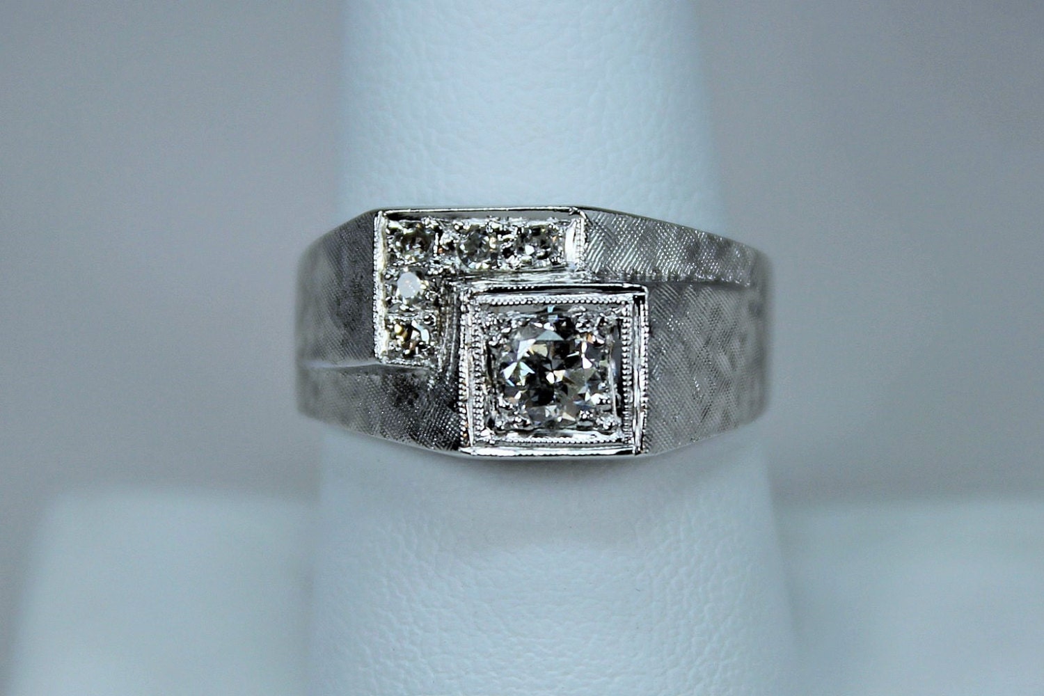 Vintage Art Deco Era Mens Geometric Ring 14K White Gold by ONERS