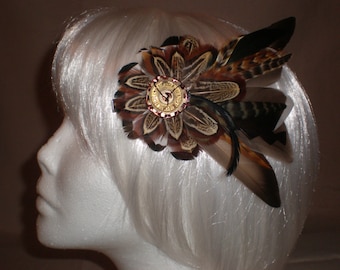 Dark Green and Brown Pixie Feather Hair Piece