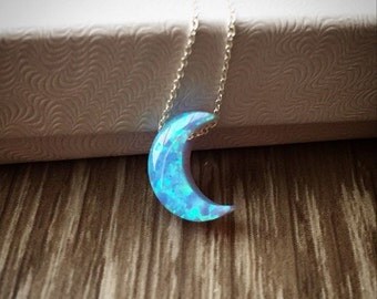 Opal moon necklace; lab opal crescent moon necklace