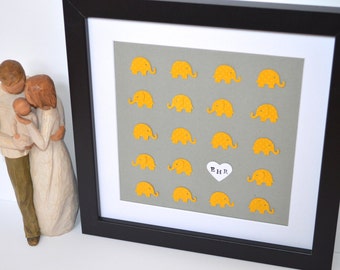 Gray and Yellow Elephant Nursery Decor- Paper Elephant Art, Adoption Gift, Christening Gift, Custom Nursery Art, Baptism Gift,Playroom Decor