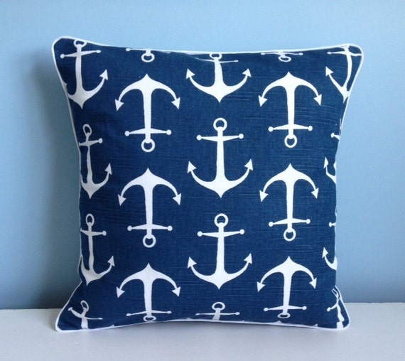 Coastal pillow cover. Navy blue and white. by sterlingstitchery