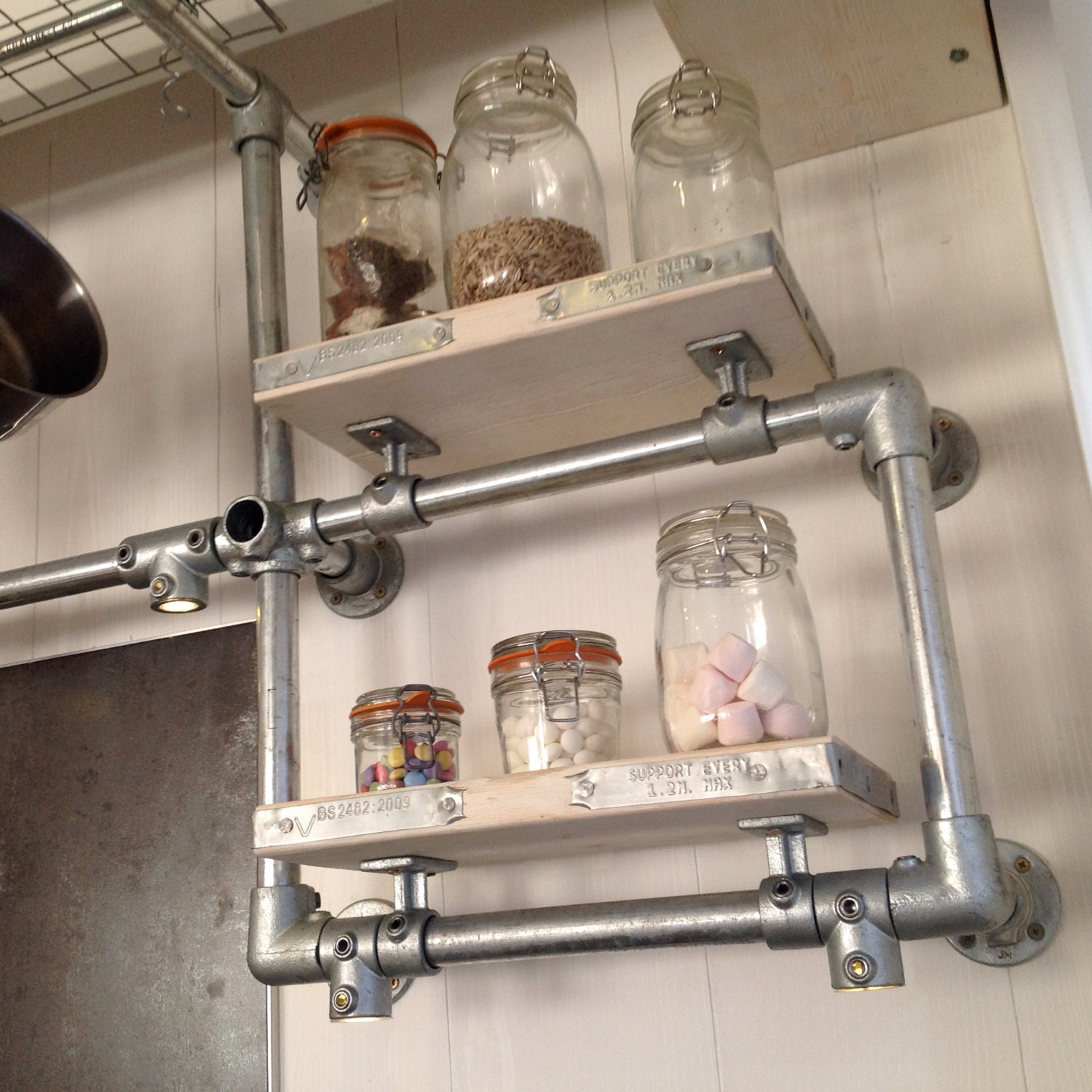 Wall Mounted Industrial Kitchen Shelves and Pan by RatAndPallet