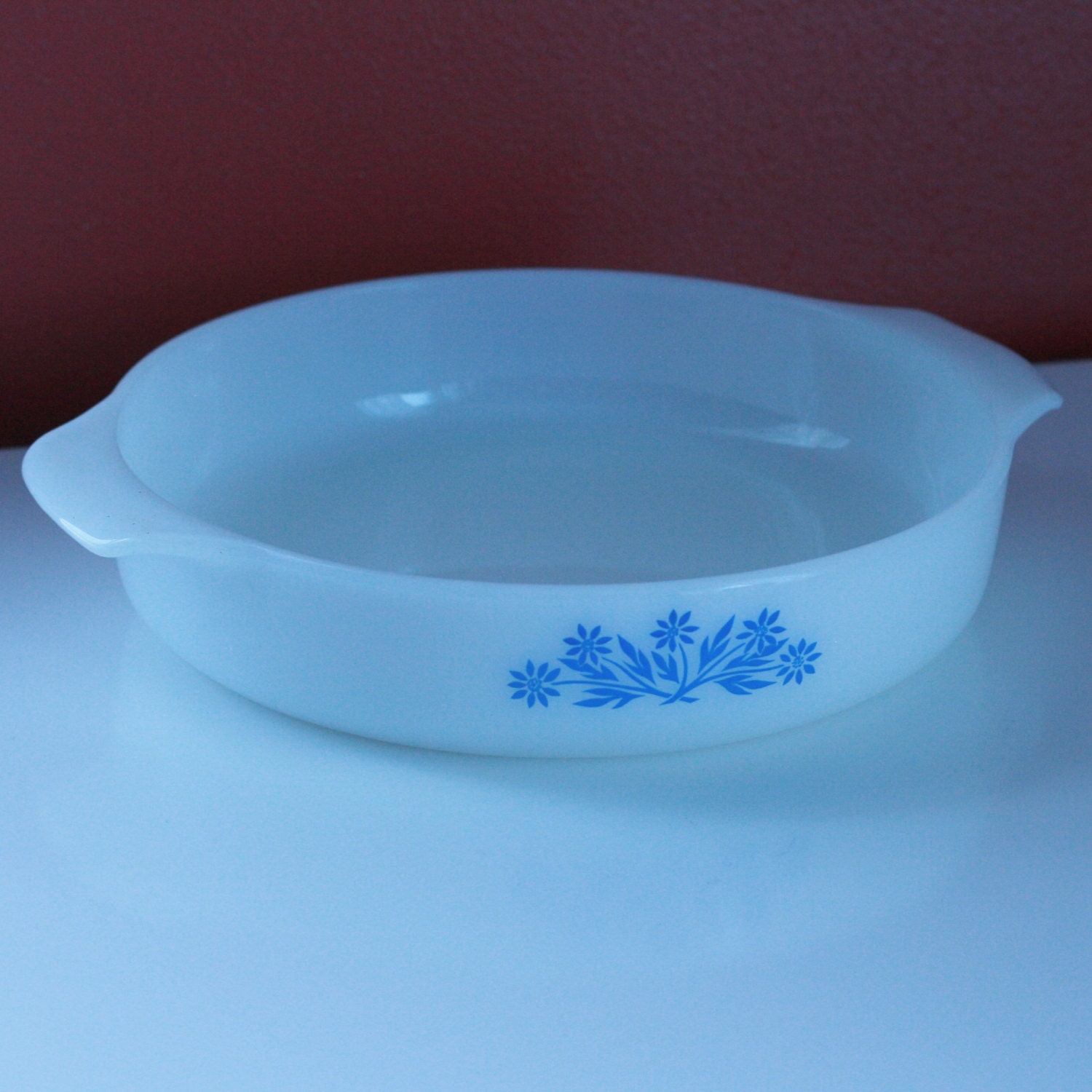 Fire King Anchor Hocking Blue Flowers 9 Inch Baking Dish // Milk Glass Serving Dish // Casserole